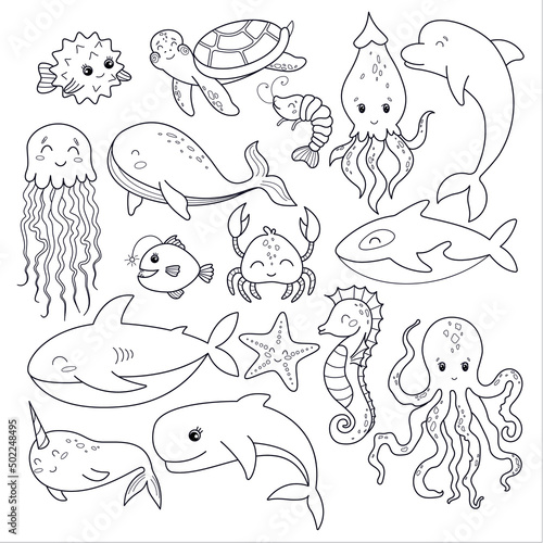 Vector set of underwater world in cartoon style isolated on a white background. Children's coloring on the theme of the sea and ocean inhabitants in the style of line art. Ocean theme.