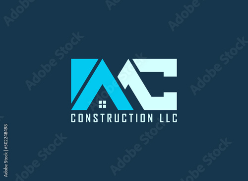 Real Estate Logo. Geometric Shape Letter MC with Home Symbol isolated on Dark Background. Usable for Business, Banding Logos. Flat Vector Logo Design Template Element.