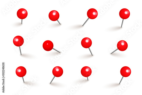 Realistic red push pins. Board tacks isolated on white background. Plastic pushpin with needle. Vector illustration.
