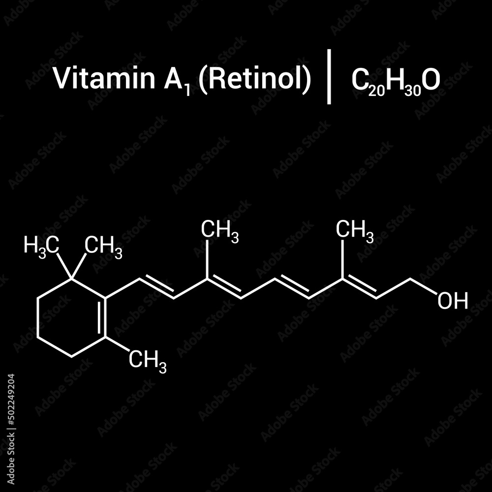 chemical structure of vitamin a1 or retinol (C20H30O)