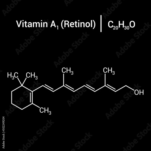 chemical structure of vitamin a1 or retinol (C20H30O) photo