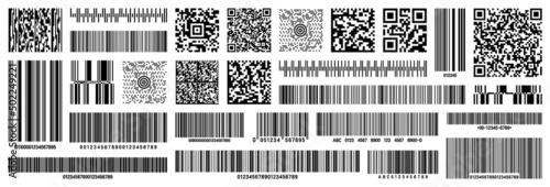 Set of product barcodes and QR codes. Identification tracking code. Serial number, product ID with digital information. Store or supermarket scan labels, price tag. Vector illustration.