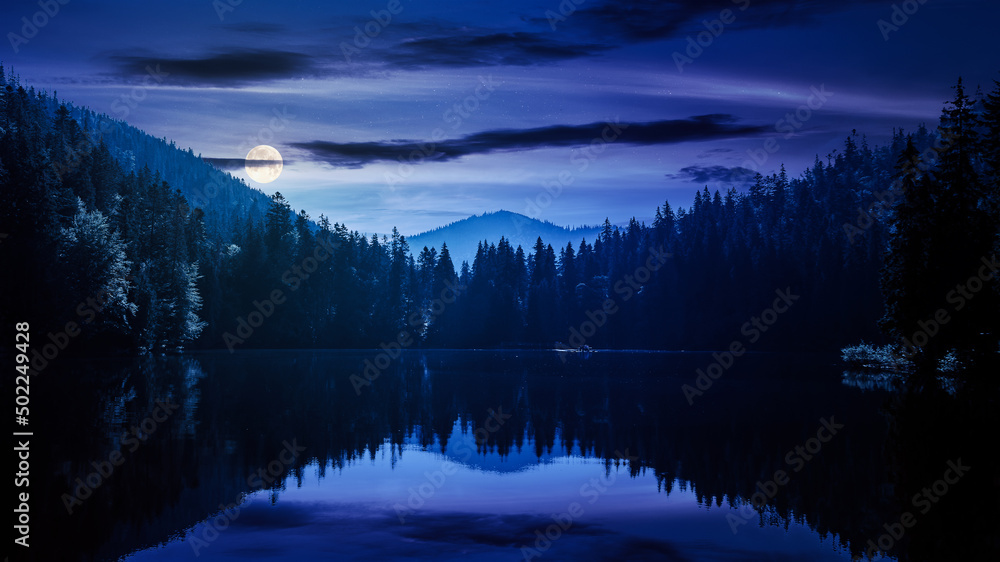 tranquil landscape with lake in summer at night. forest reflection in the calm water. beautiful nature scene in full moon light. peaceful green outdoor environment