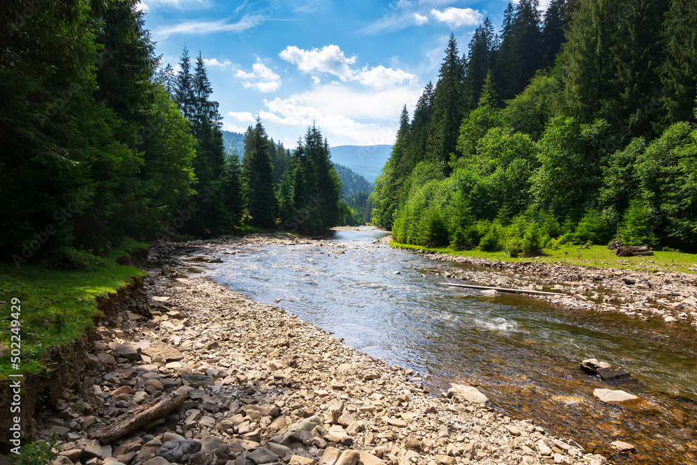 landscape with river running through valley. mountainous countryside scenery in summer. water flow along the rocky shore. sunny day with clouds on the blue sky