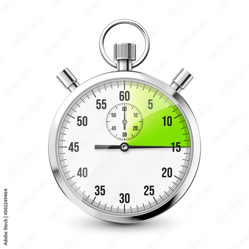 Realistic classic stopwatch icon. Shiny metal chronometer, time counter with dial. Green countdown timer showing minutes and seconds. Time measurement for sport, start and finish. Vector illustration