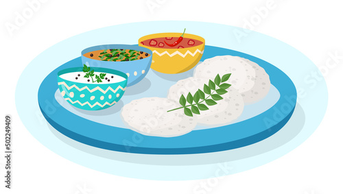 Idli vada. South indian breakfast, savoury rice cake served with chutneys