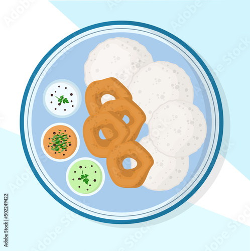 Idli vada. South indian breakfast, savoury rice cake served with chutneys