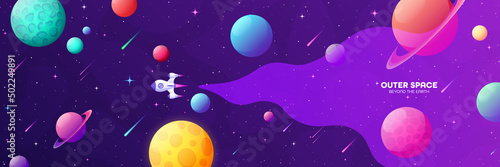 Space futuristic modern colorful background with rocket. Starship, spaceship in night sky. Solar system, galaxy and universe exploration. Vector illustration.