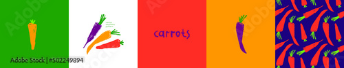 Vitamin A banner with vector carrot pattern seamless. Textured hand-drawn carrots background. Healthy eating concept. Vegetable drawing for vitamin pack label, natural juice packaging. Beta carotene.
