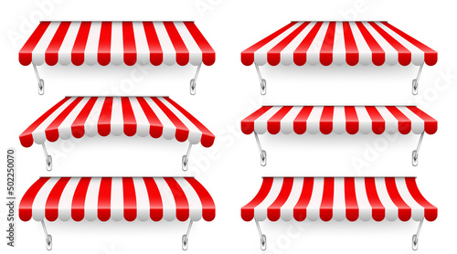 Shop sunshade with metal mount. Realistic red striped cafe awning. Outdoor market tent. Roof canopy. Summer street store. Vector illustration.
