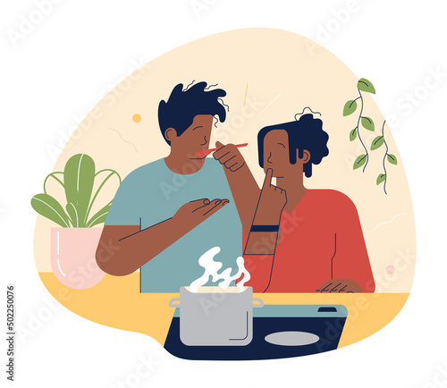 Black man and woman, couple cooking together. Husband and wife