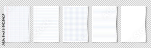 Realistic blank lined paper sheets in A4 format on transparent background. Notebook page, document. Design template or mockup. Vector illustration.