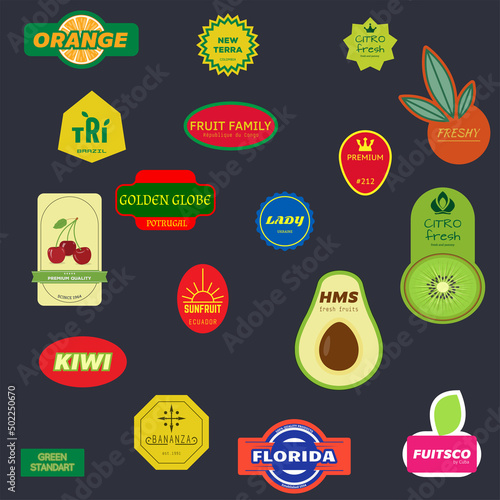 Realistic fruit tags for shop and products. Retro and modern realistic food labels. Oval, circle and rectangle food and fruits stickers.