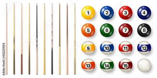 Colorful billiard balls with numbers and various pool cues. Glossy snooker ball. Sports equipment. Vector illustration. photo