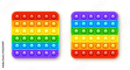 Colorful silicone anti-stress pop it toy isolated on white background. Trendy sensory game for children. Rainbow push pop fidget toy with brightly colored popping bubbles. Vector illustration