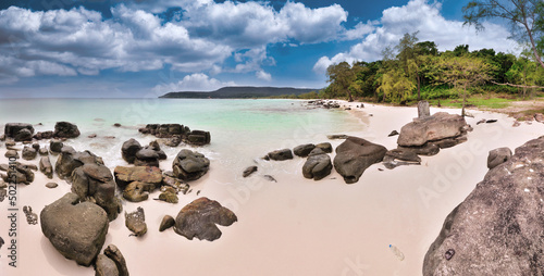 Beautiful, clean, white sand, rocky beach in Koh Rong island, Cambodia