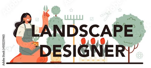 Landscape designer typographic header. Idea of gardening