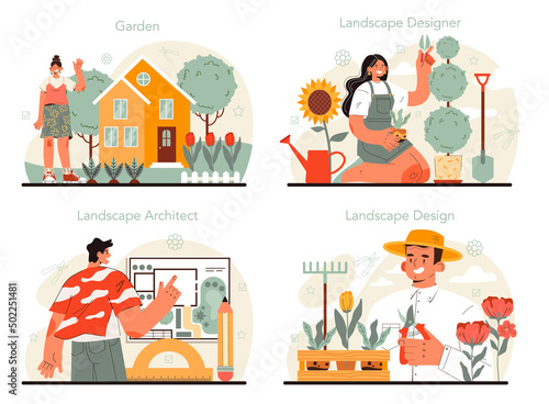 Landscape designer concept set. Idea of gardening and yard designing