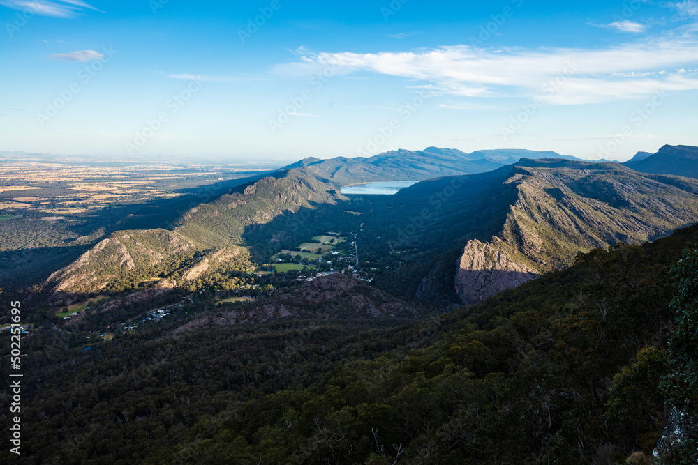 The scenic view from Boroka Lookout in the afternoon light looking over Halls Gap The scenic view from Boroka Lookout in the afternoon light looking over Halls Gap