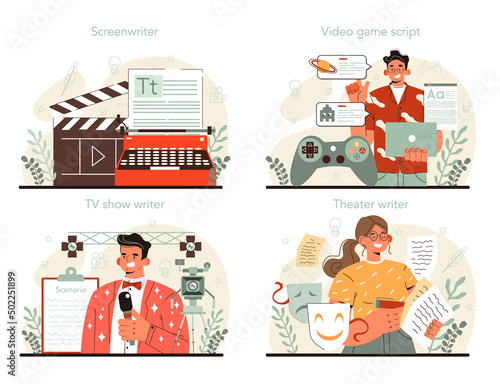Screenwriter concept set. Playwright create a screenplay for a movie, theater