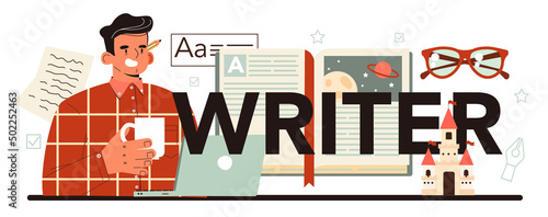 Writer typographic header. Author writing script of a novel. Bestseller