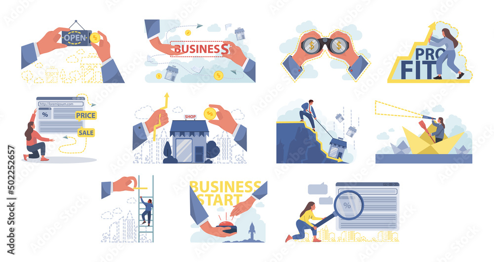 Small business development concept set. Business people and investors