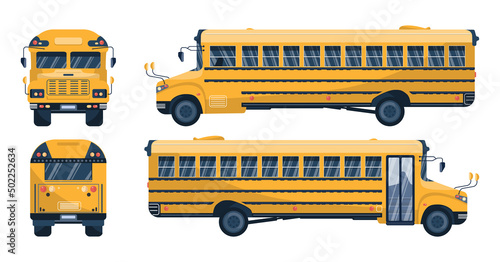 Yellow school bus set. Front, back and two side views. Student