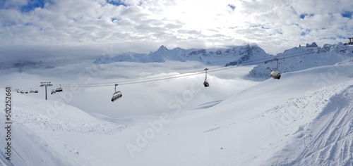 Panoramic view over snowy ski resort in Austrian Alps during daytime