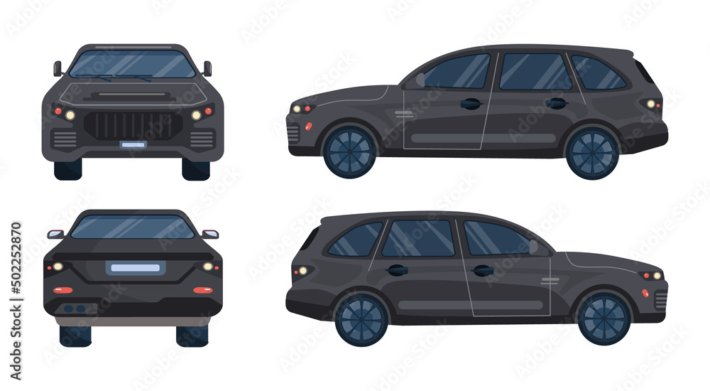 Black Jeep car set. Luxury off road vehicle, business transportation.