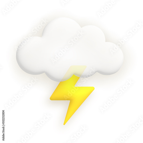 Lightning and cloud. Cute weather realistic icon. 3d cartoon.