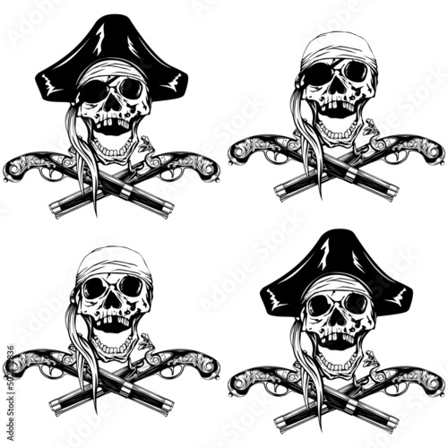 Vector illustration pirate skull bandana or cocked hat and crossed old pistols set