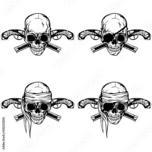 Vector illustration pirate skull and two crossed flintlock pistols set. Skull with eye patch and without
