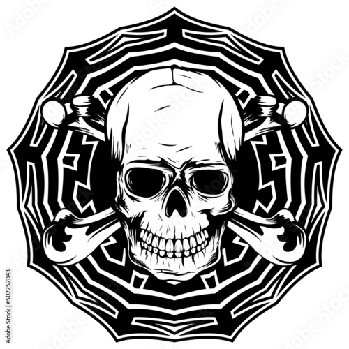 Abstract vector illustration black and white human skull with crossed bones on round ornament. Design for tattoo or print t shirt.