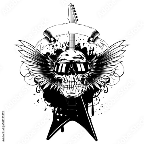 Vector illustration skull with sunglasses and guitar on wings and grunge background. Design rock and roll sign for t-shirt or poster print