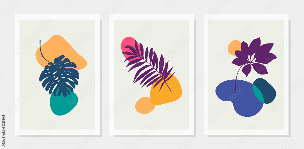Trendy abstract posters art templates with leaves and geometric elements.
