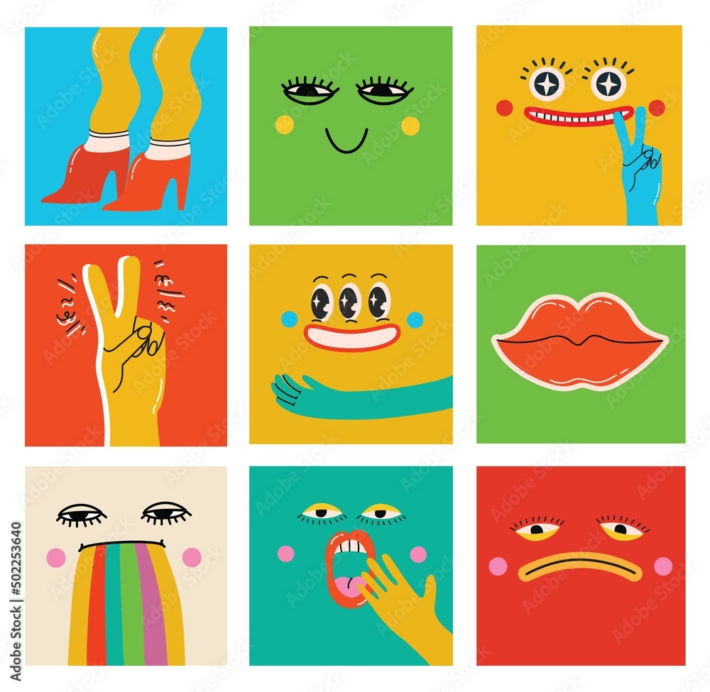 Collection of crazy Abstract comic characters geometric elements and faces. Bright colors Cartoon style. Vector Illustration