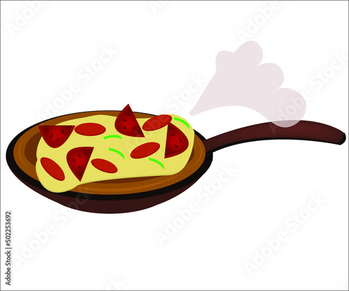 A frying pan with a hot pizza. This logotype can be used for pizza companies, pizzerias.  Vector illustration, isolated.