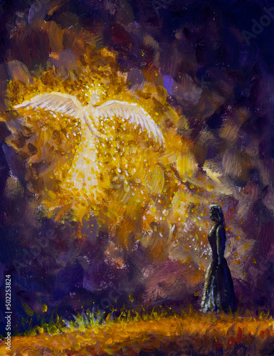 Obraz na plátně fantasy religious acrylic painting Annunciation, angel Gabriel comes to Mary to