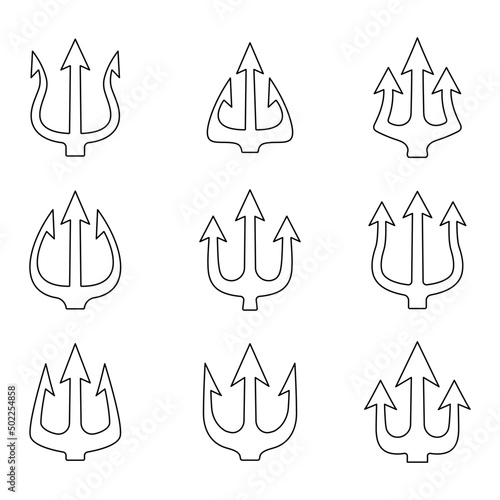 Trident line icon set. Trident outline Neptune weapon collection. Poseidon black linear symbol. Vector isolated on white.