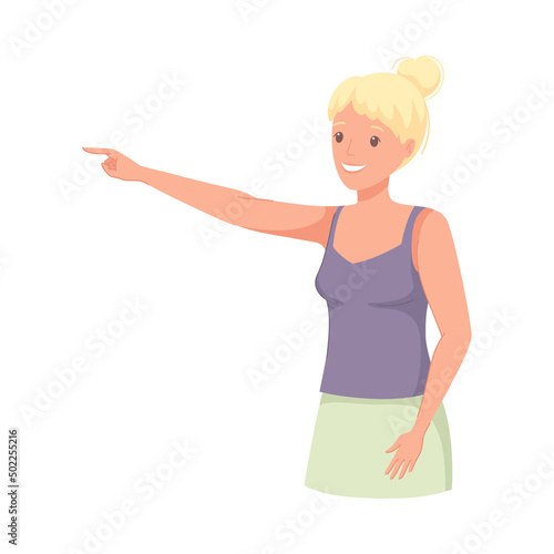 Woman Character Indicating Something Pointing with Index Finger as Hand Gesture Specifying Direction Vector Illustration