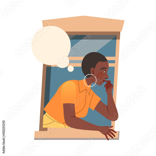 African American Woman in Open Window Talking to Neighbor Vector Illustration