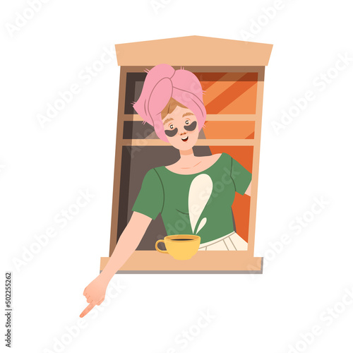 Woman with Towel on Head in Open Window Pointing Finger Vector Illustration