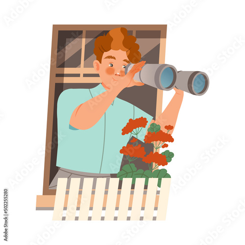 Redhead Man in Open Window with Binoculars Vector Illustration