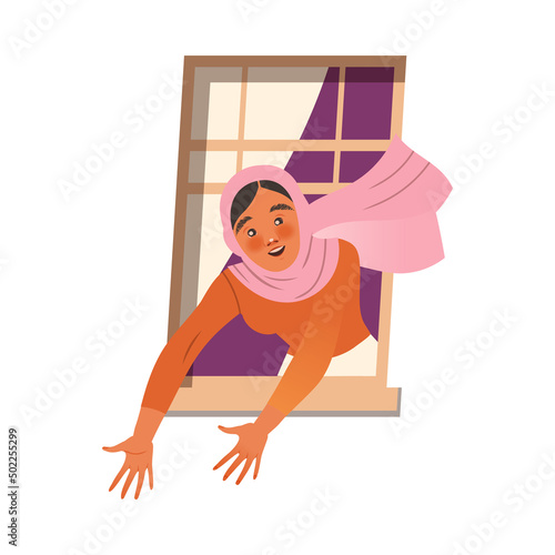 Woman in Open Window Talking to Neighbor Outstretching Her Arms Vector Illustration