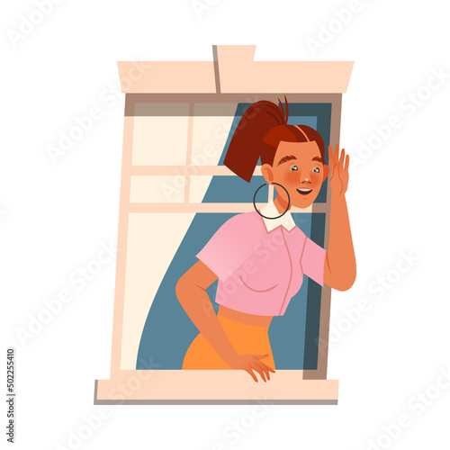 Woman in Open Window Talking to Neighbor Vector Illustration