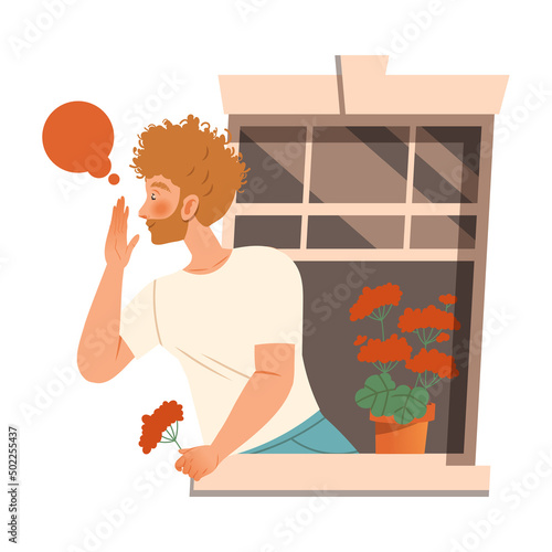 Man in Open Window Talking to Neighbor Vector Illustration