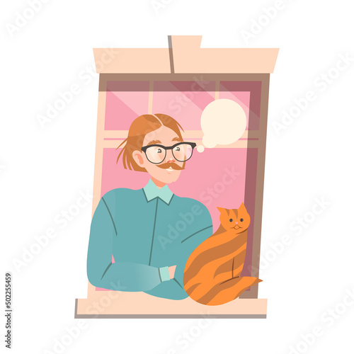 Mustached Man in Glasses in Open Window with Cat Vector Illustration