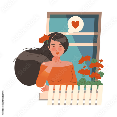 Woman Standing in Open Window Talking to Neighbor Vector Illustration