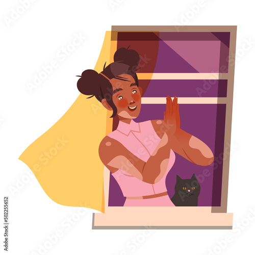 Woman with Vitiligo in Open Window Talking to Neighbor Vector Illustration