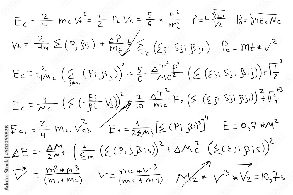 Astrophysical formulas. Scientific, educational background. Hand-drawn on a white background. Vector isolated image. Astrophysical formulas. Scientific, educational background. Hand-drawn on a white background. Vector isolated image.